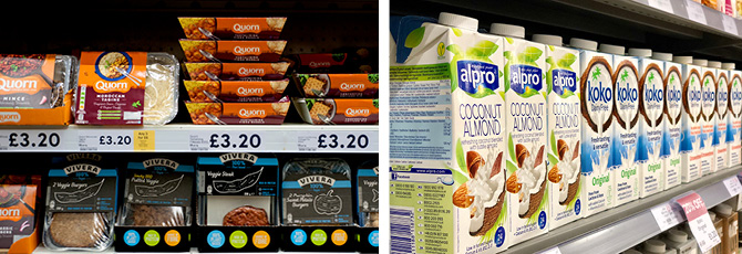 supermarket shelves show plant-based ready meals and milk products